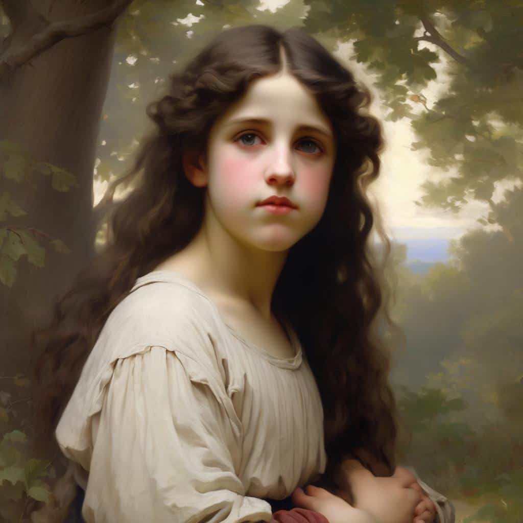 Ονειρικό πορτραίτο νεαρής γυναίκας με μακριά καστανά μαλλιά και γαλάζια μάτια σε φυσικό τοπίο, εικόνα τέχνης μέσα στον χρόνο, ιδανική για πολύτιμες καλλιτεχνικές δημιουργίες.