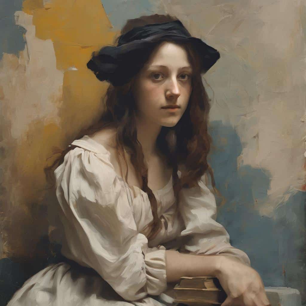 Λίγο αγωνιστικό πορτρέτο μιας νεαρής γυναίκας με καπέλο, σε ρεαλιστικό στυλ, εντυπωσιακά λεπτομερή χρώματα, με ιστορική τέχνη και χαρακτηριστικά χαρακτήρα, γυναικείο πορτρέτο, τέχνη και έργα.