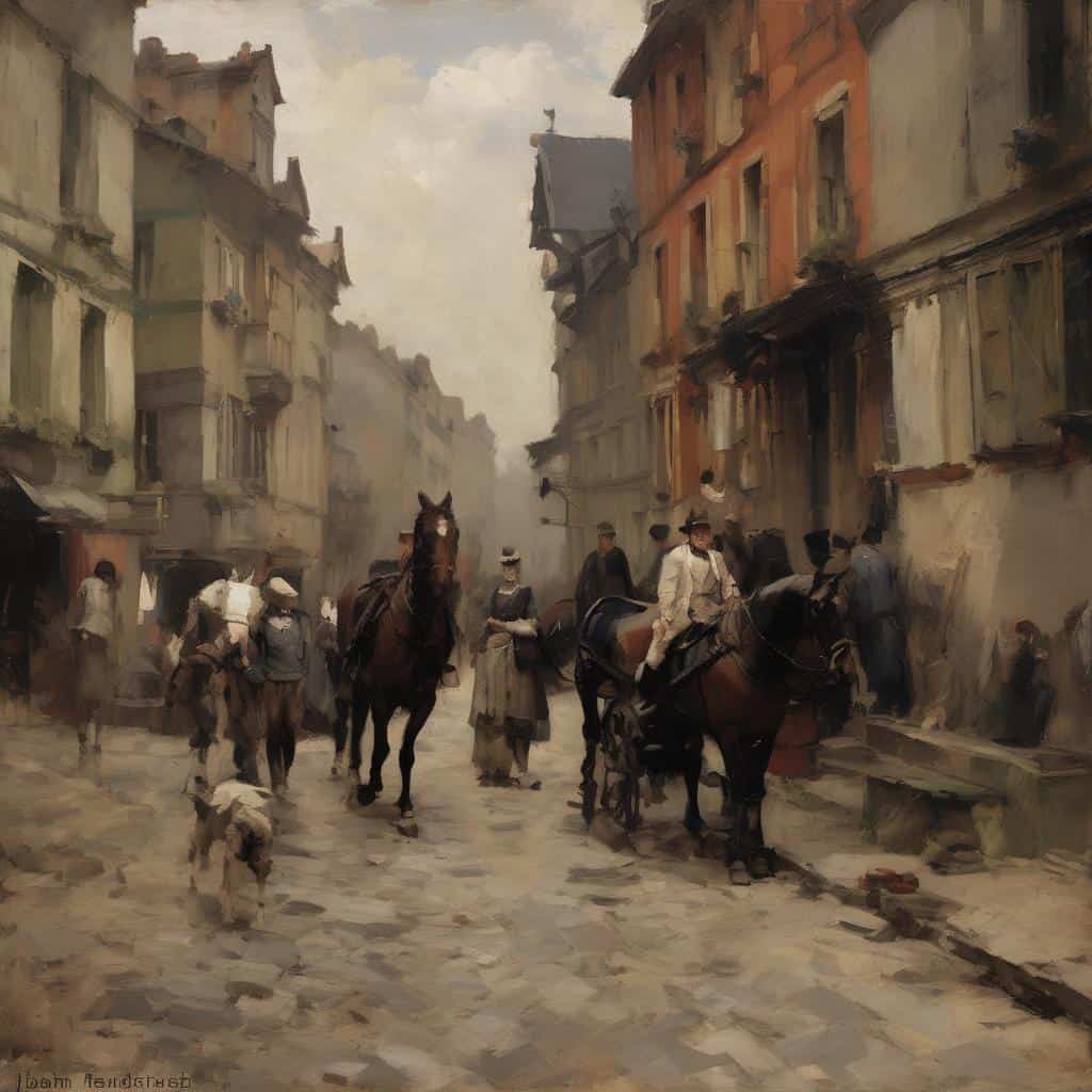 Παλιό σκηνικό στην πόλη με περαστικούς, άμαξες και ιστορικά κτήρια, αναδεικνύοντας την τέχνη μέσα στον χρόνο και την πολιτιστική κληρονομιά.