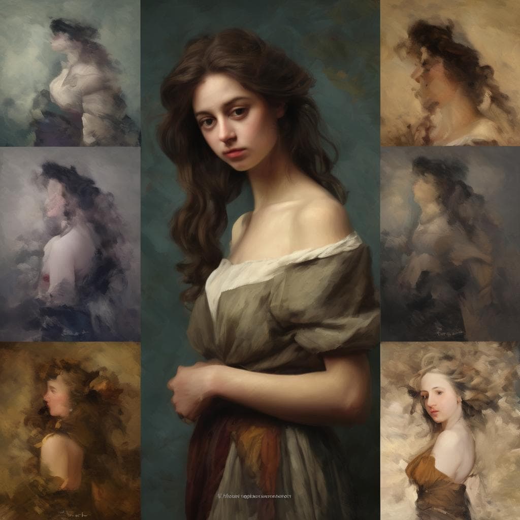 - Όμορφη παραστατική πορτραίτο νεαρής γυναίκας με μακριά καστανά μαλλιά και ρετρό ρούχα, που αναδεικνύει την τέχνη της ζωγραφικής και την προσωπογραφία.