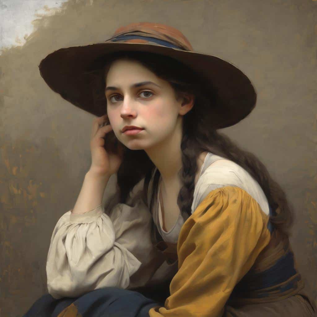 Γυναικεία πορτραίτο σε κλασικό στυλ ζωγραφικής, νεαρή γυναίκα με καπέλο και μακριά μαλλιά, σε ρεαλιστική απεικόνιση, εμπνευσμένη από την τέχνη και το έργο διάσημων καλλιτεχνών.