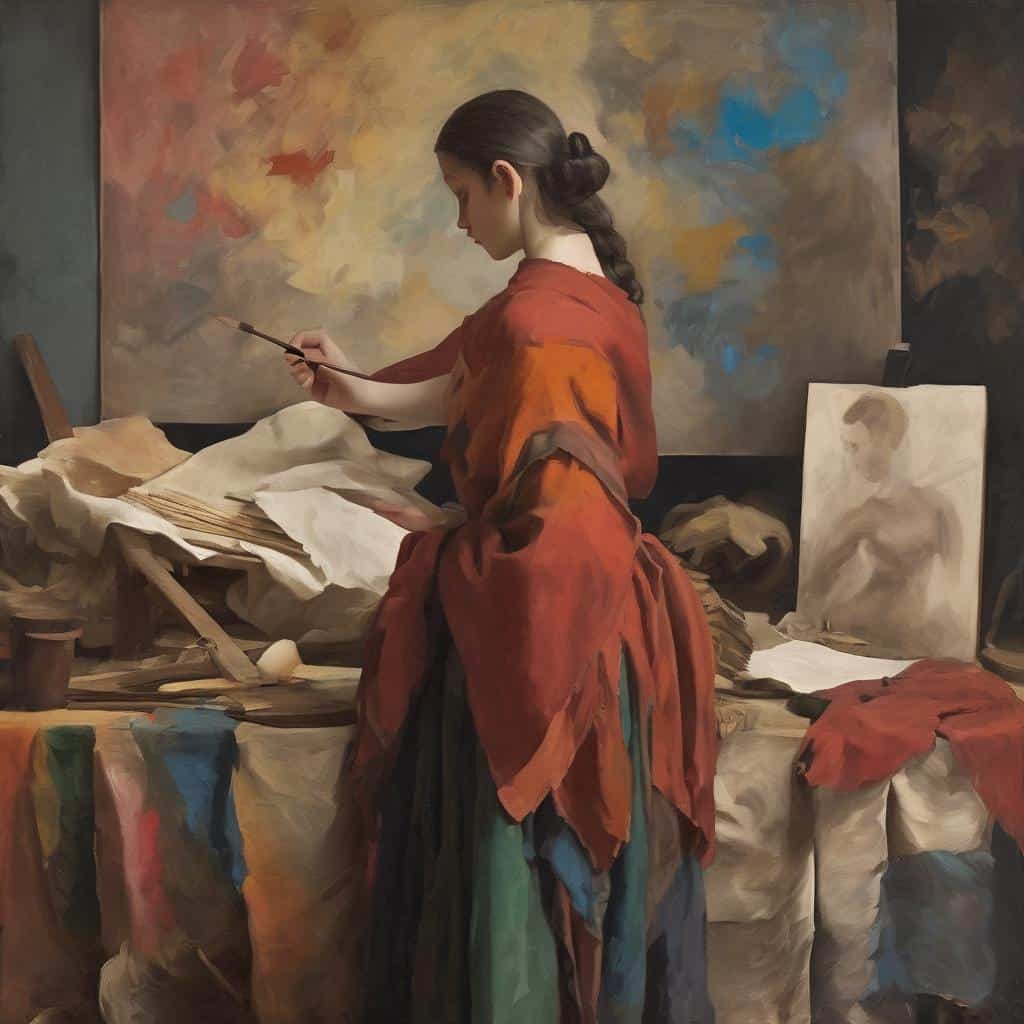 Ζωγράφος γυναίκα στη δημιουργική διαδικασία με καβαλέτο και έργα τέχνης σε στούντιο, αναδεικνύοντας τέχνη και καλλιτέχνες.