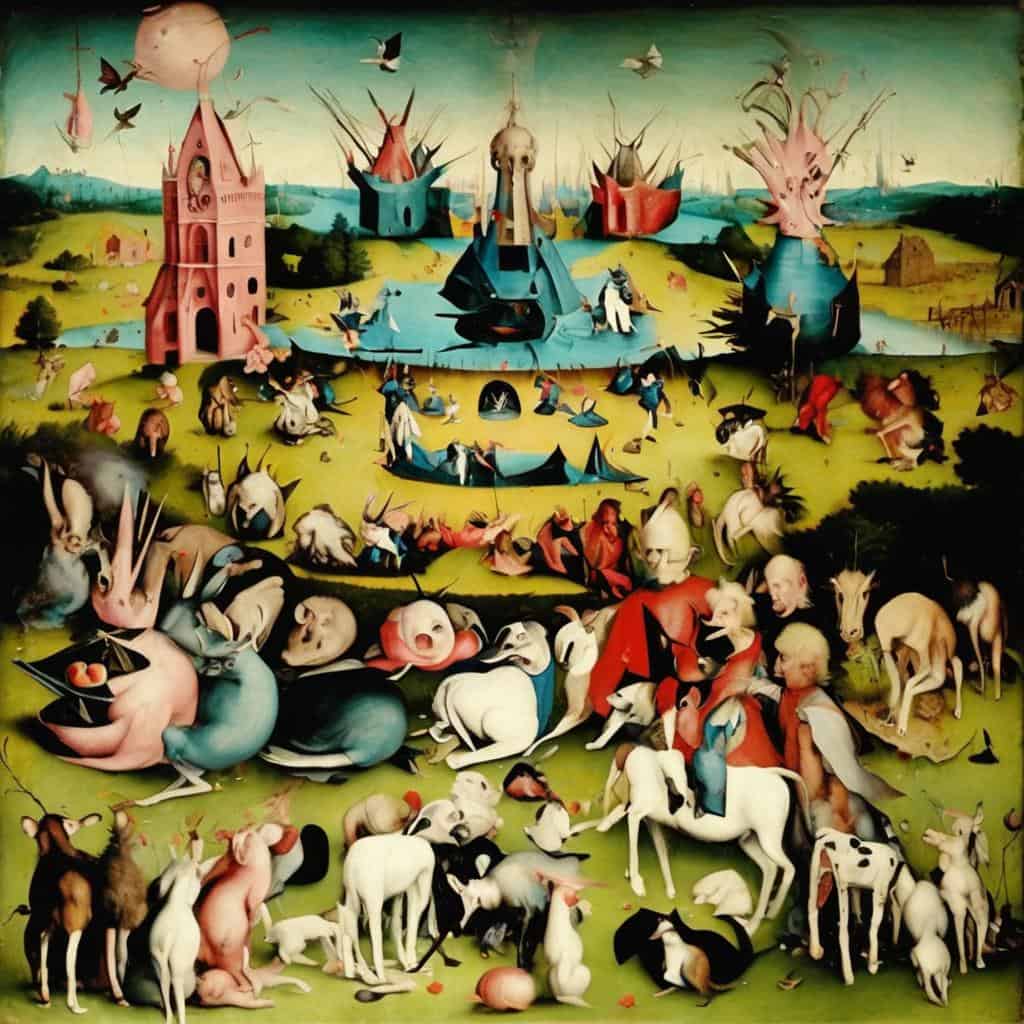 Χαρακτηριστική φθορά και ονειρική μεταμόρφωση σε έργο τέχνης με ζωικά και φανταστικά στοιχεία, αποτυπώνοντας την τέχνη μέσα στον χρόνο και τη δημιουργικότητα των καλλιτεχνών.